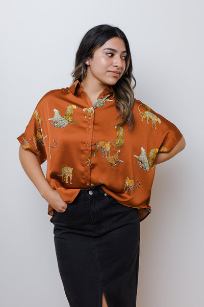 The Saseka Leopard Print Brown Satin Top