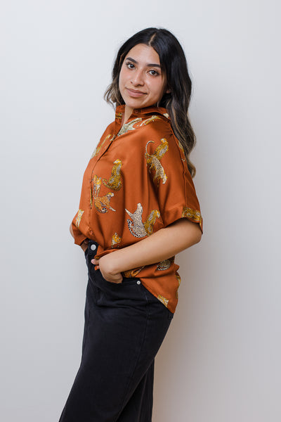 The Saseka Leopard Print Brown Satin Top