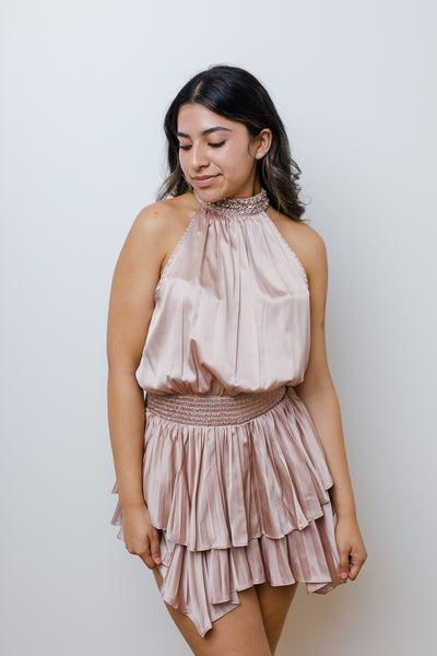 The Time For Me Halter Neck Blush Satin Mini Dress