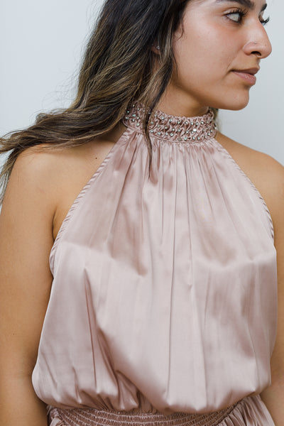 The Time For Me Halter Neck Blush Satin Mini Dress