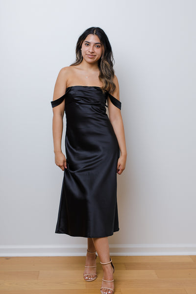 The Cheek to Cheek Black Satin Midi Dress
