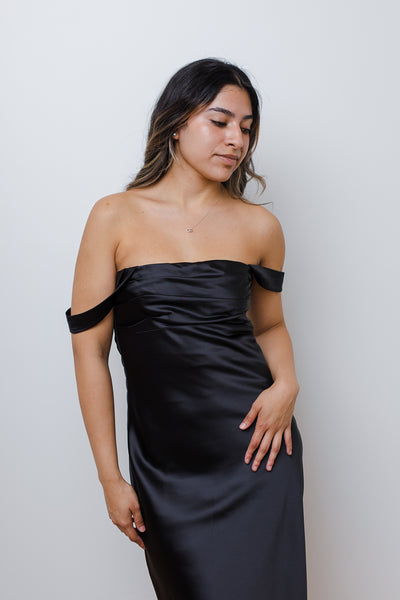 The Cheek to Cheek Black Satin Midi Dress