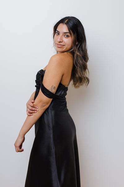 The Cheek to Cheek Black Satin Midi Dress