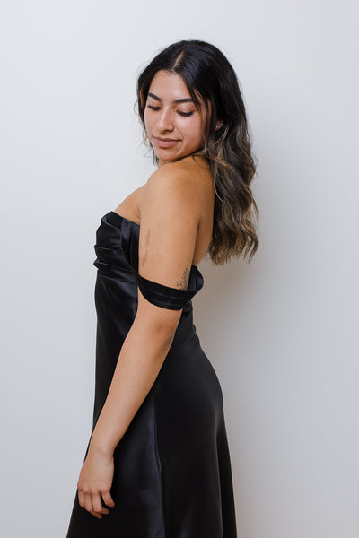 The Cheek to Cheek Black Satin Midi Dress