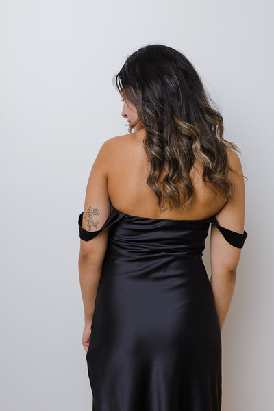 The Cheek to Cheek Black Satin Midi Dress