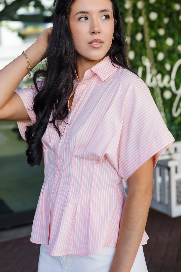 The Sure Thing Striped Pleated Short Sleeve Blouse