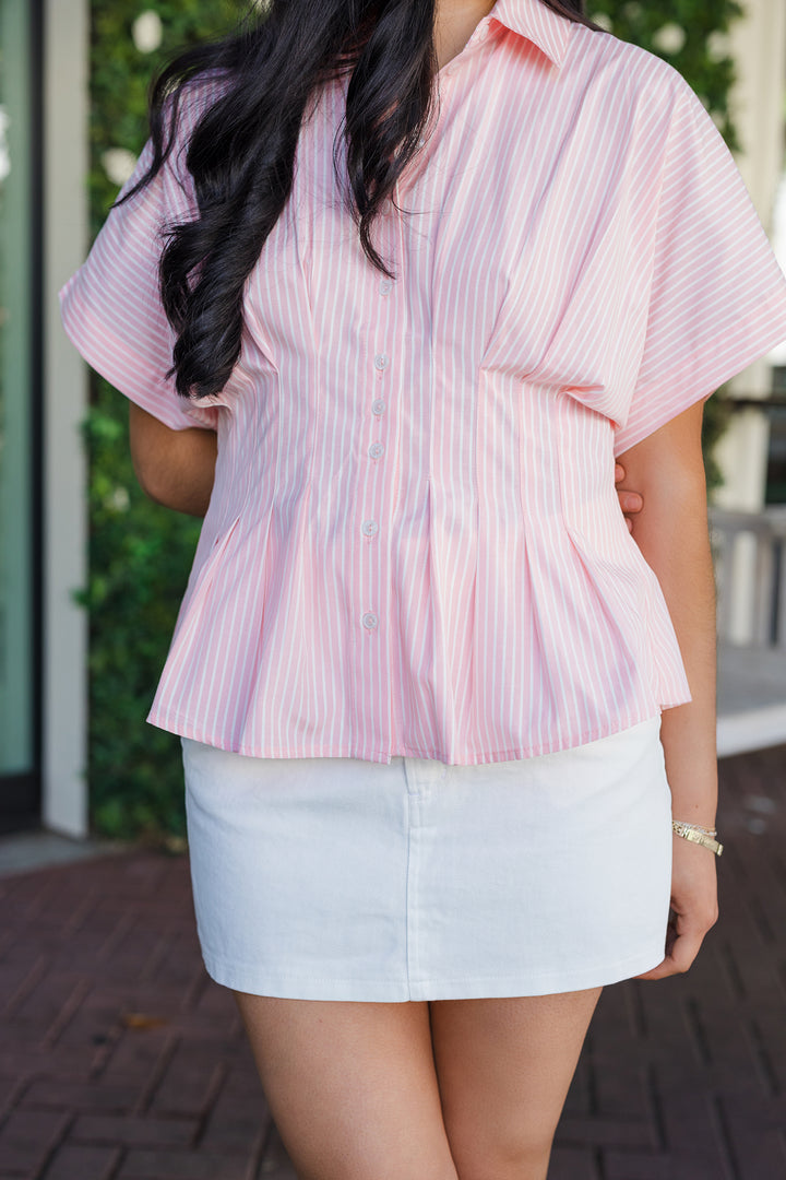 The Sure Thing Striped Pleated Short Sleeve Blouse