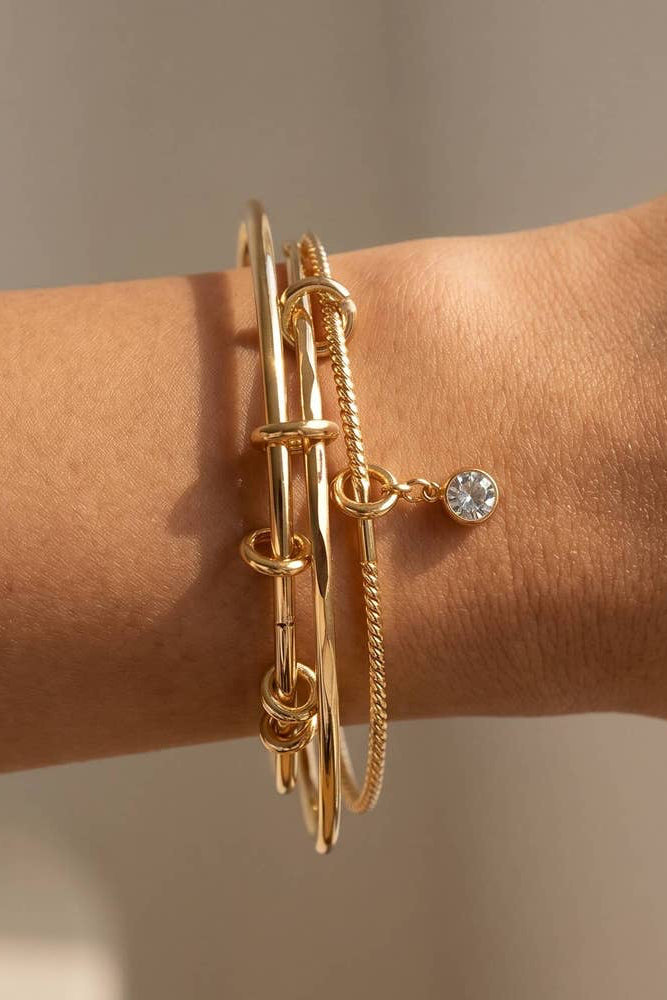 The Three Piece Bangle Set With Cz Drop Charm