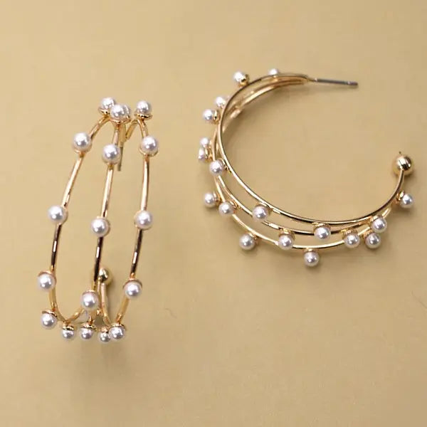 The Triple Row Wire Pearl Hoop Earrings