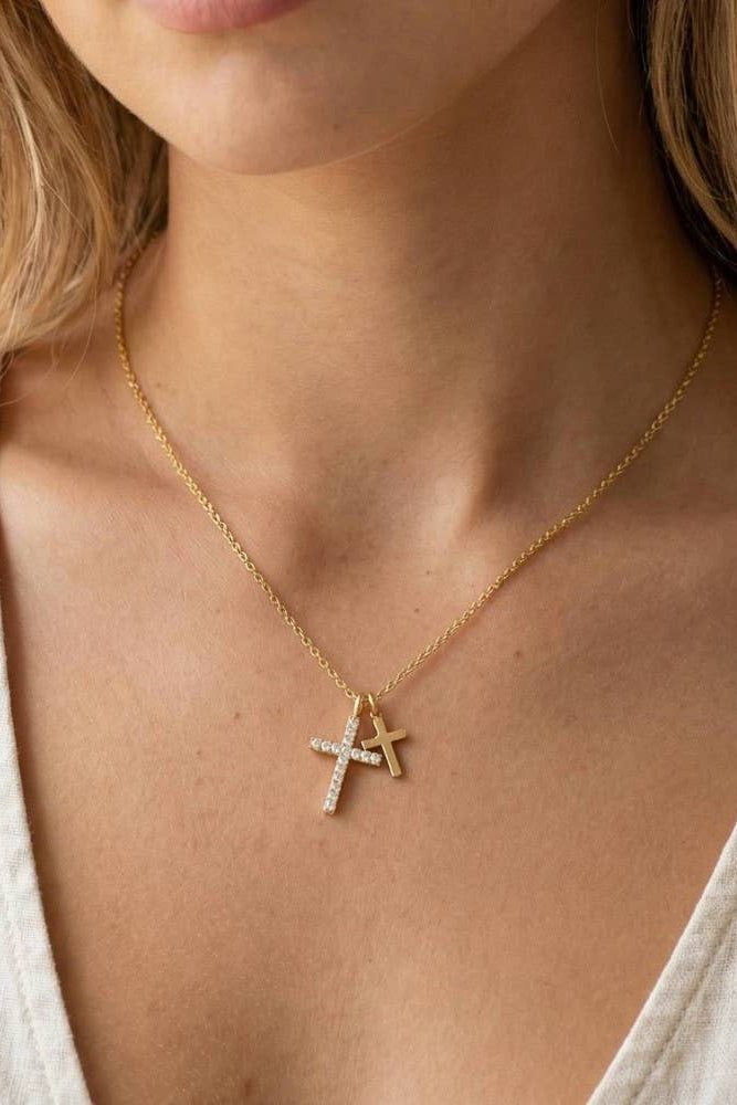 The Cz Pave Double Cross Pendant Necklace