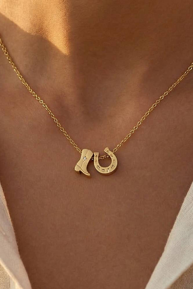 The Gold Dipped Cowboy Boots Horse Shoe Charm Necklace