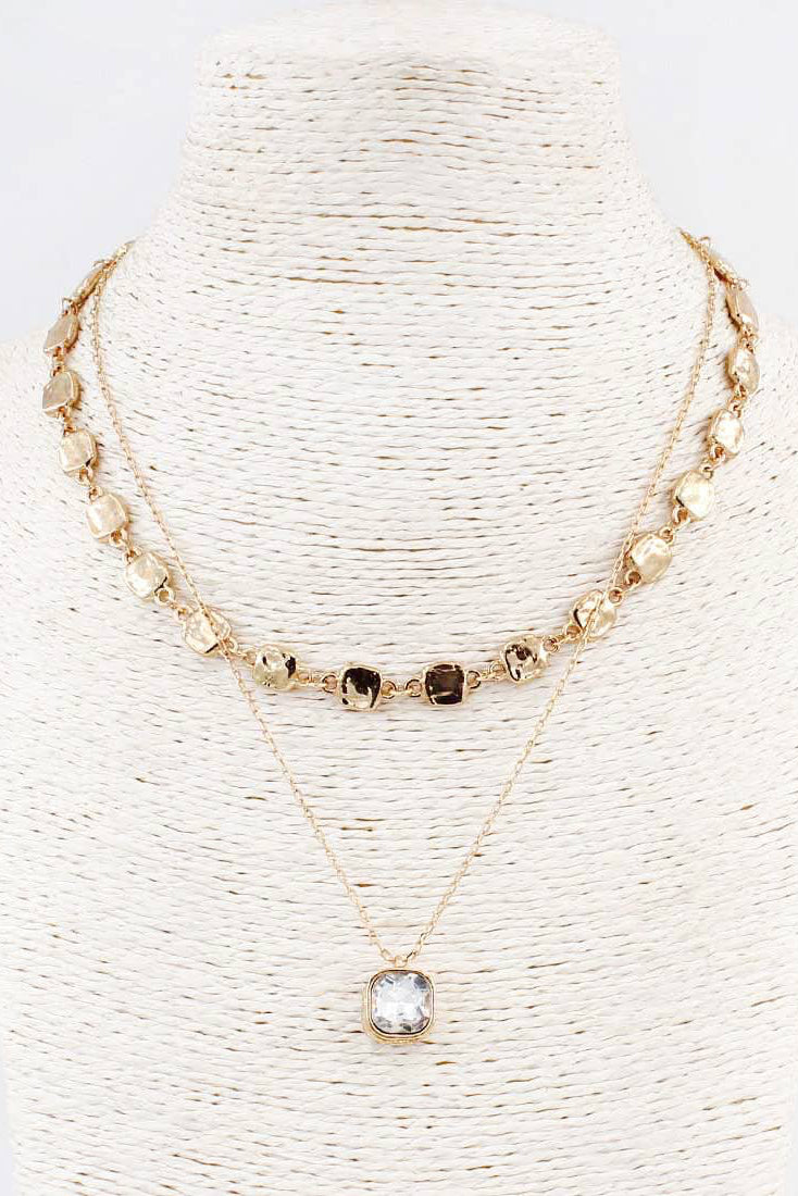 The Two Layered Hammered Square with Clear Crystal Drop 16"-18" Necklace