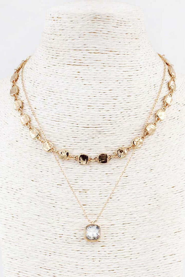 The Two Layered Hammered Square with Clear Crystal Drop 16"-18" Necklace