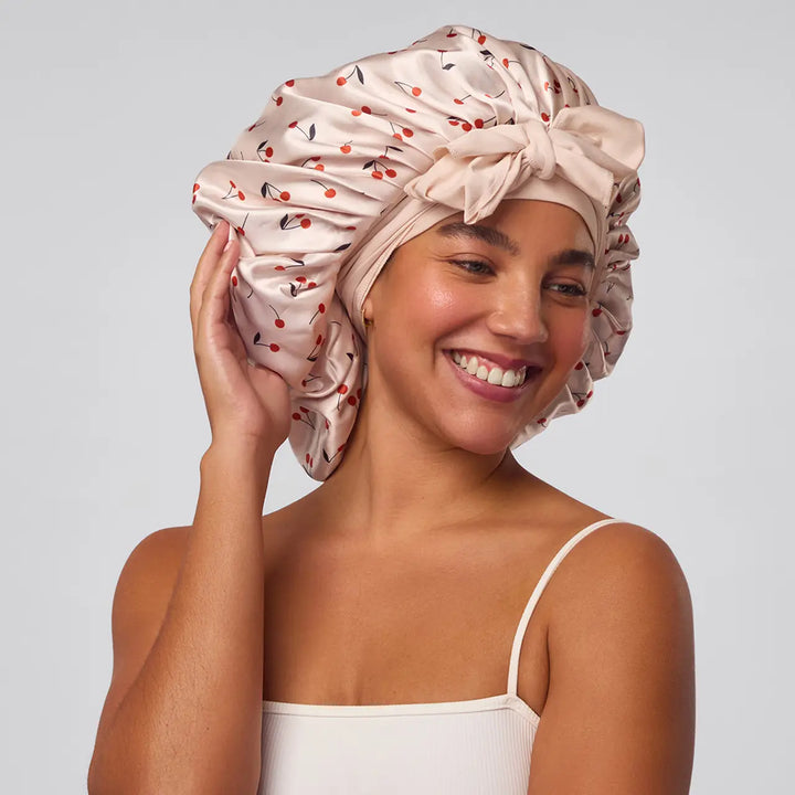 The Cherry Print Adjustable Satin Bonnett