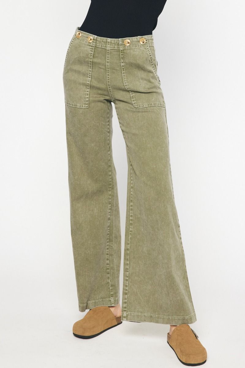 The Walk It Out Olive Washed Mid Rise Wide Leg Jeans
