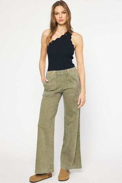 The Walk It Out Olive Washed Mid Rise Wide Leg Jeans