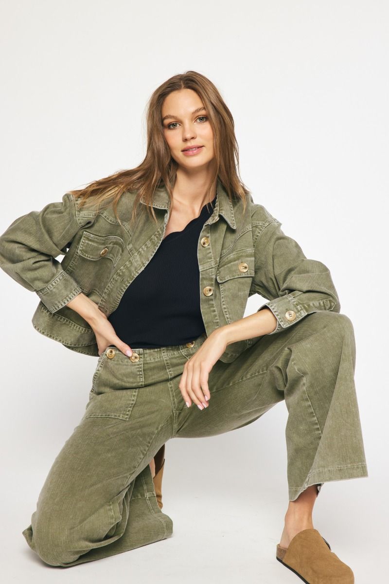 The Walk It Out Olive Washed Mid Rise Wide Leg Jeans