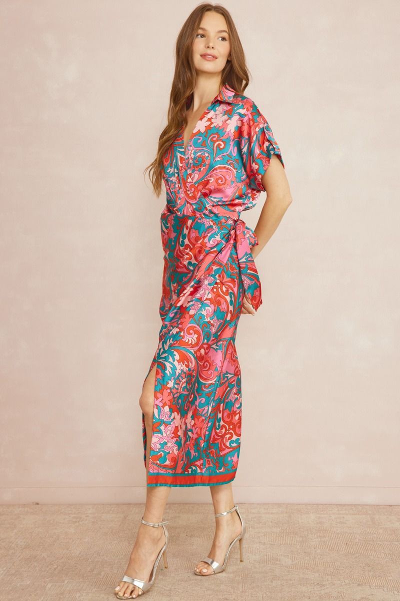 The Jaipur Paisley Print Satin Wrap Midi Dress