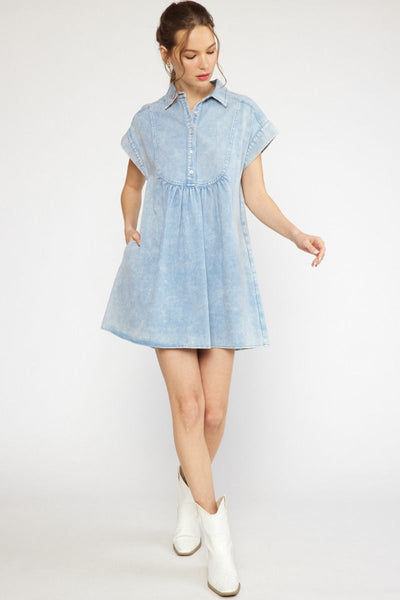 The Tickled Pink Acid Wash Denim Mini Dress