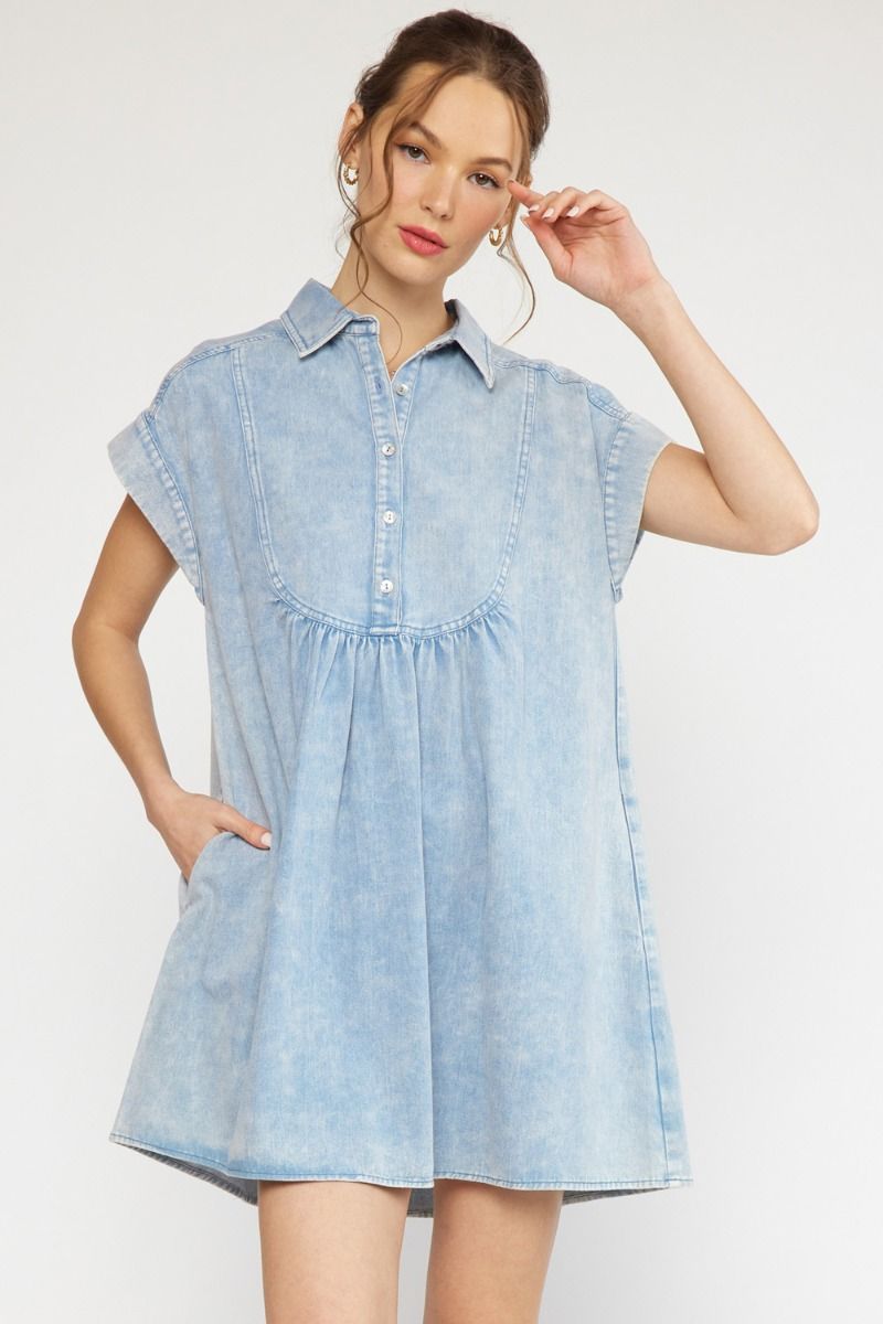 The Tickled Pink Acid Wash Denim Mini Dress
