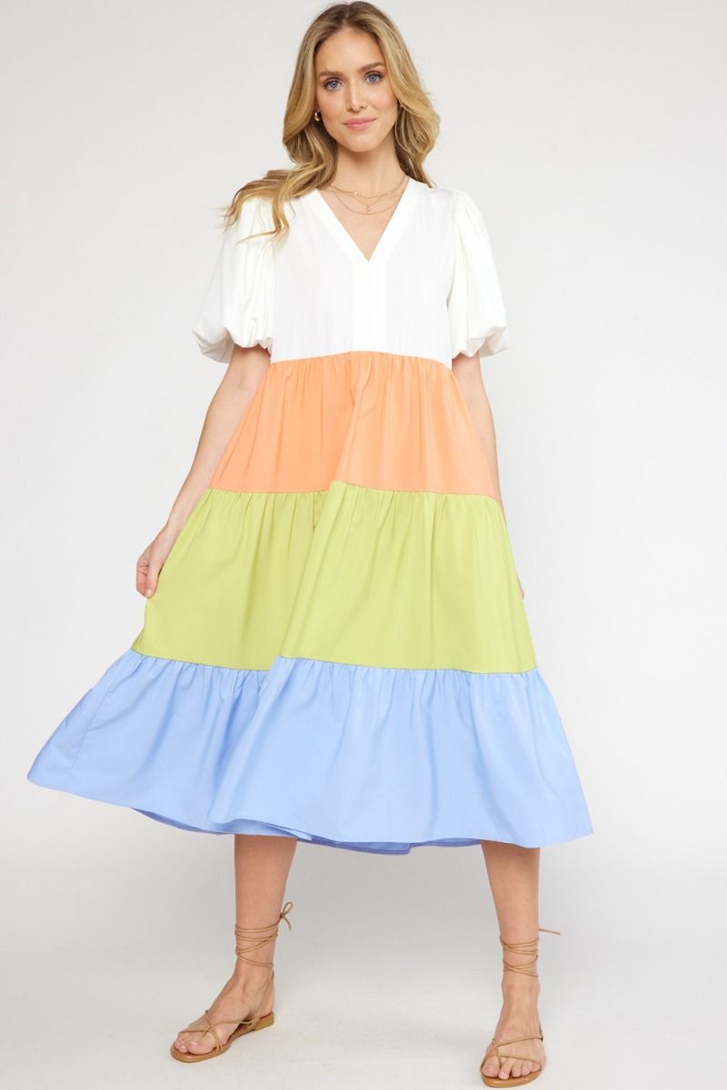 The Encanto Tiered Color Block Midi Dress