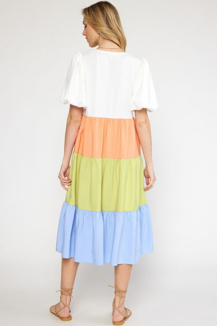 The Encanto Tiered Color Block Midi Dress