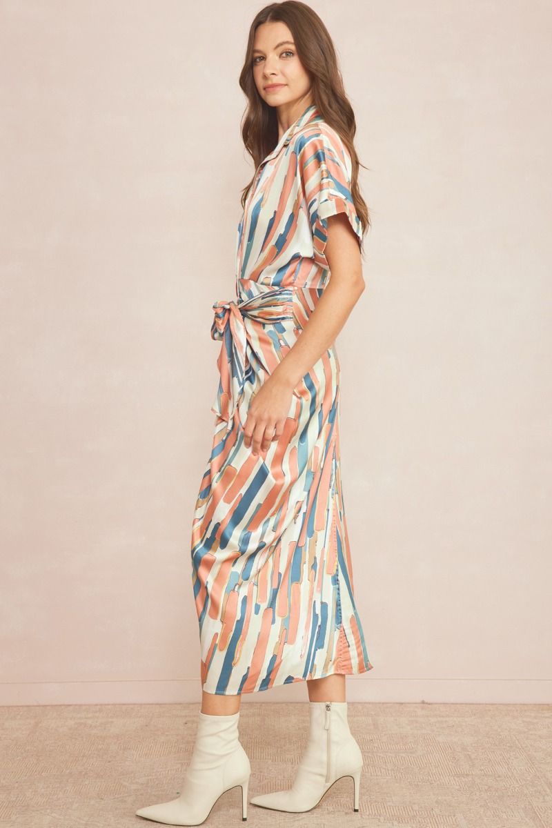 The Phoebe Abstract Tie Front Satin Midi Dress