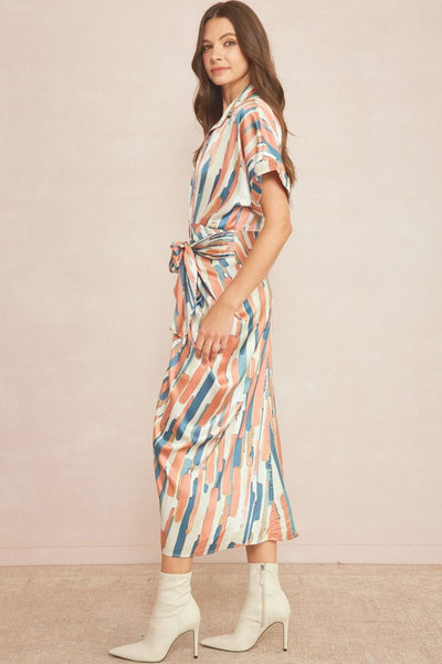 The Phoebe Abstract Tie Front Satin Midi Dress