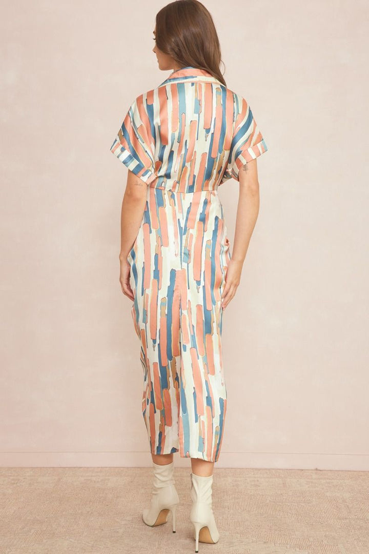 The Phoebe Abstract Tie Front Satin Midi Dress