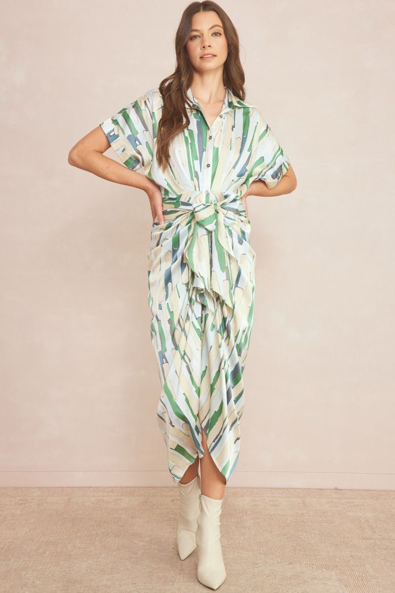 The Phoebe Abstract Tie Front Satin Midi Dress