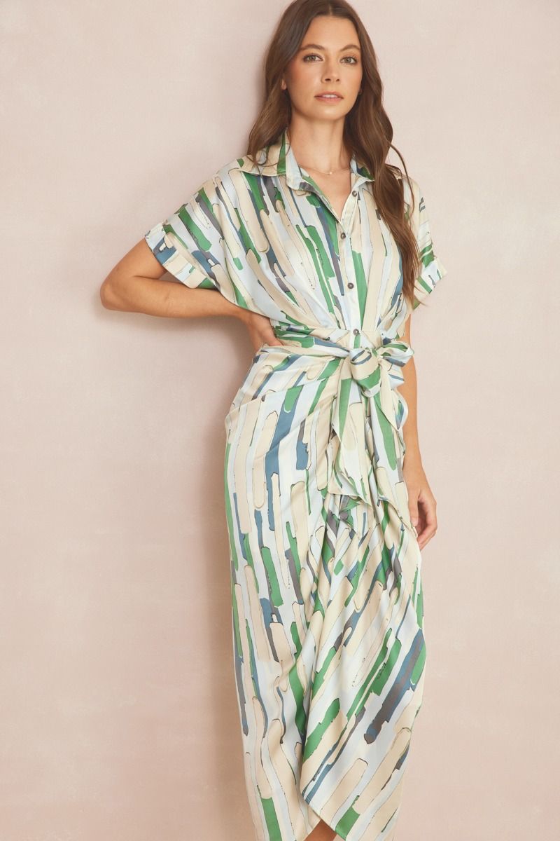 The Phoebe Abstract Tie Front Satin Midi Dress