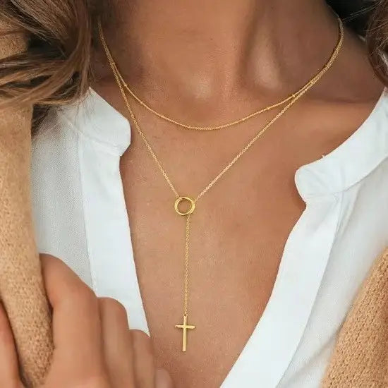 The Cross Lariat Layered Necklace