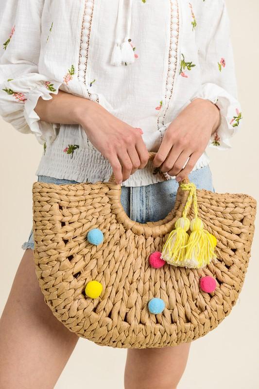 Straw Woven Pom Bag