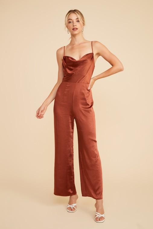 The Cassie Cognac Cowl Neck Satin Jumpsuit