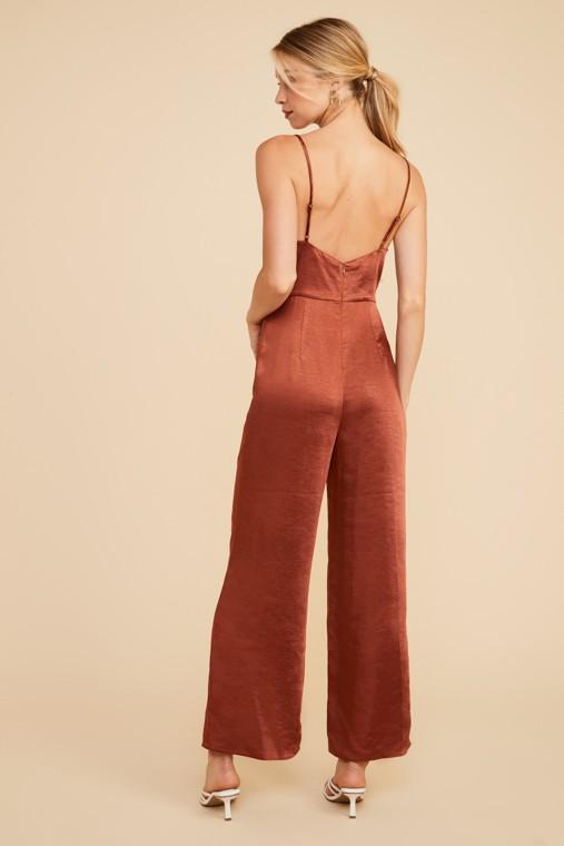 The Cassie Cognac Cowl Neck Satin Jumpsuit