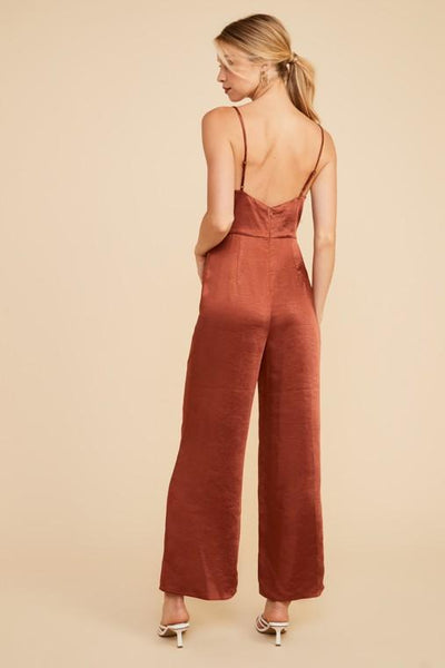 The Cassie Cognac Cowl Neck Satin Jumpsuit