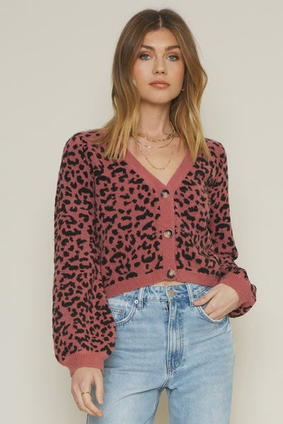 The Spot Check Pink Leopard Print Button Down Cardigan