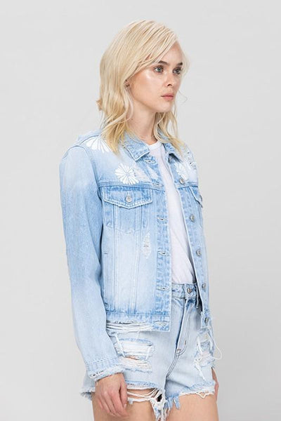 The Darcy Crop Denim Jacket with Flower Laser Print