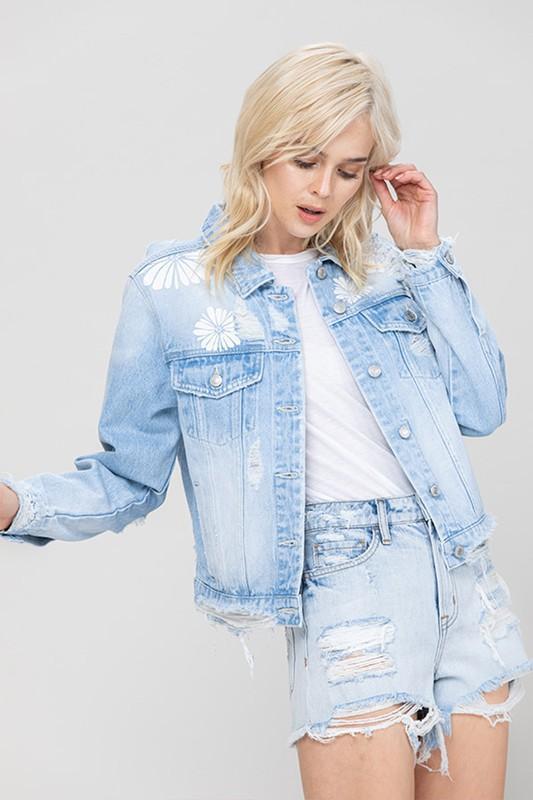 The Darcy Crop Denim Jacket with Flower Laser Print