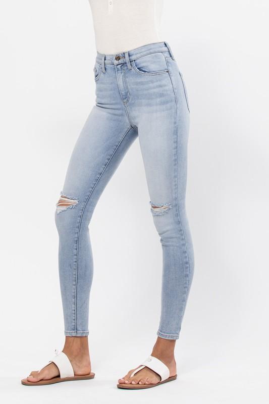 The Landon Light Blue High-Rise Skinny Jeans with Ripped Knees