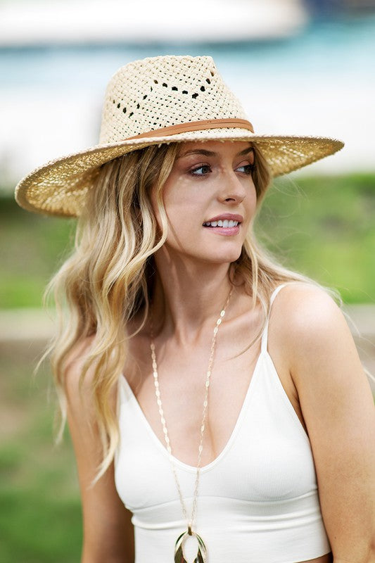 Natural Woven Straw Eyelet Wide Brim Panama Hat