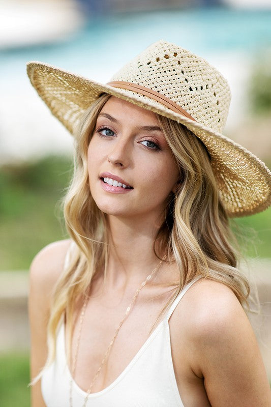 Natural Woven Straw Eyelet Wide Brim Panama Hat