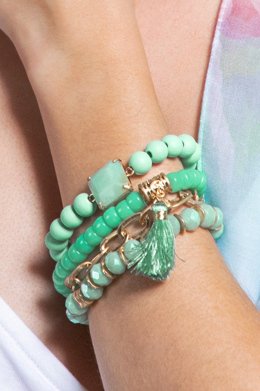 Mint Glass, Wood and Metal Beads Bracelets