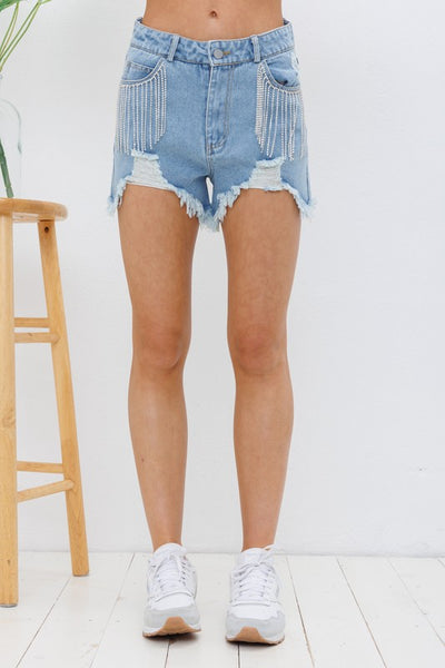 The Ricky Rhinestone Light Wash Denim Shorts