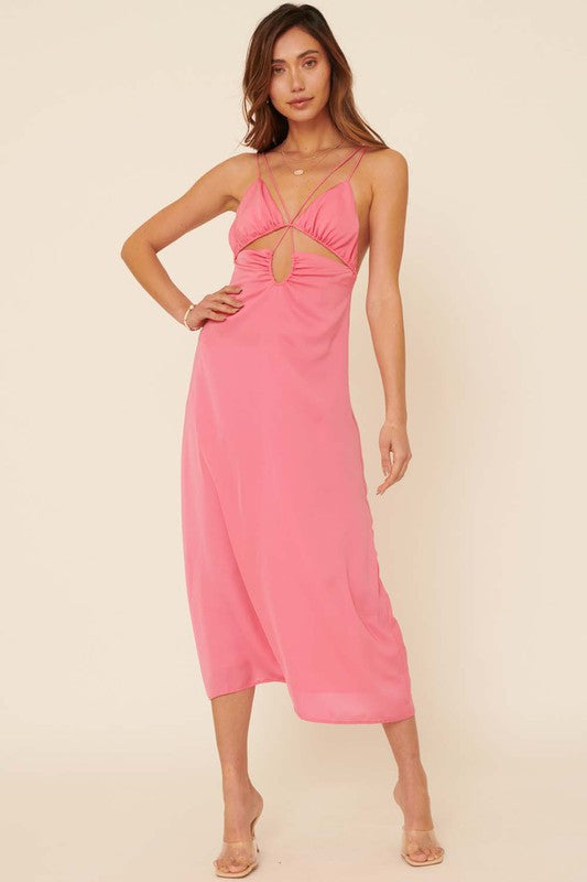 The Charlotte Pink Halter Cutout Satin Midi Dress