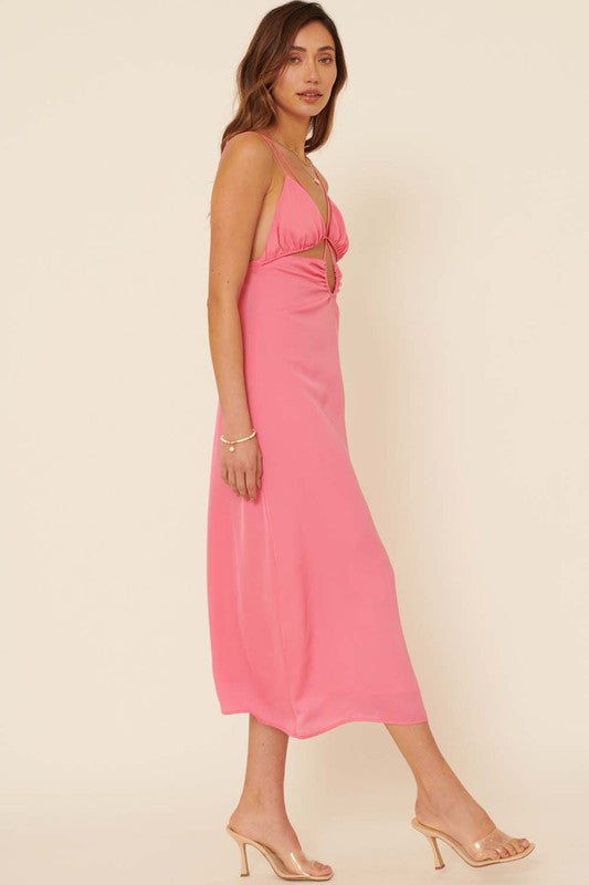 The Charlotte Pink Halter Cutout Satin Midi Dress