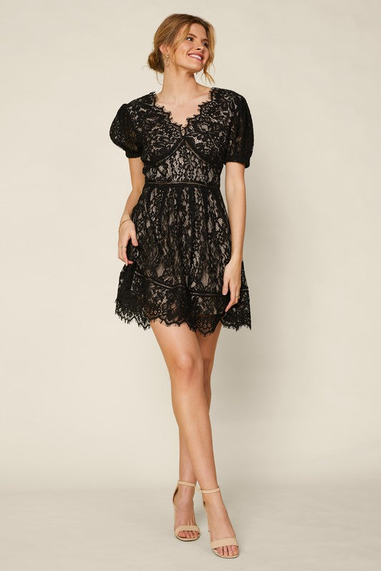 The Alva Black Short Sleeve Lace Trim Mini Dress