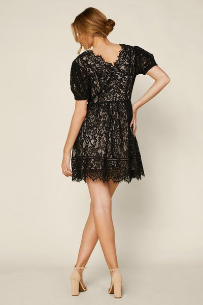 The Alva Black Short Sleeve Lace Trim Mini Dress