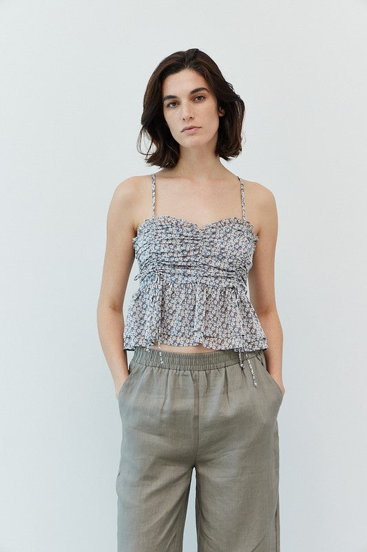 The Peyton Marina Blue Floral Print Ruched Tank Top