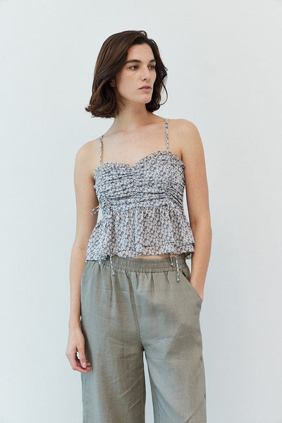 The Peyton Marina Blue Floral Print Ruched Tank Top